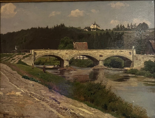 C1900 IMPRESSIONISMO TEDESCO OLIO SU TAVOLA "SCENA FIUME CON BAMBINI"