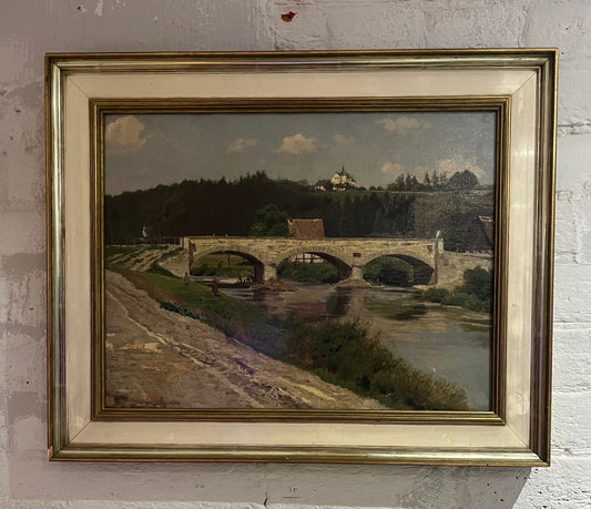 C1900 IMPRESSIONISMO TEDESCO OLIO SU TAVOLA "SCENA FIUME CON BAMBINI"