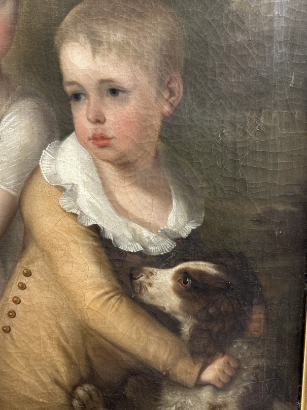 LATE 18TH/EARLY 19TH CENTURY OIL ON CANVAS "CHILDREN WITH DOG AND RABBITS"