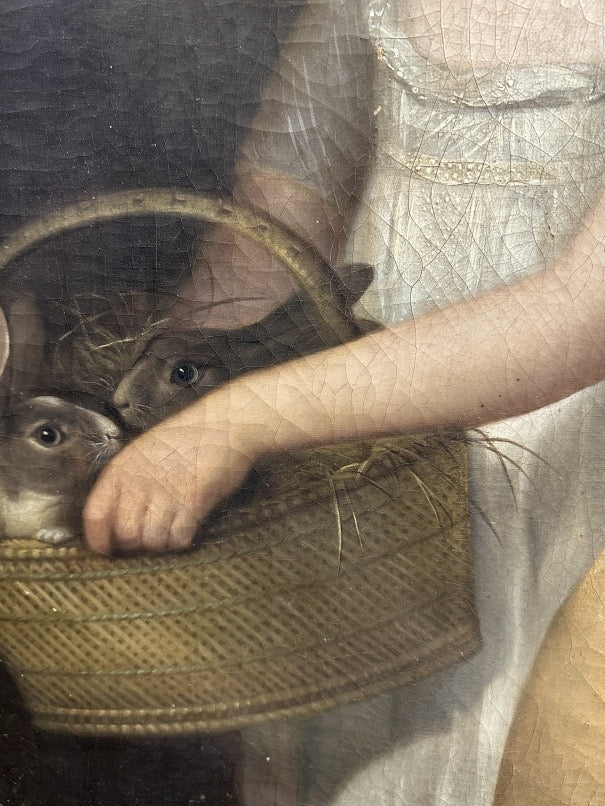 LATE 18TH/EARLY 19TH CENTURY OIL ON CANVAS "CHILDREN WITH DOG AND RABBITS"