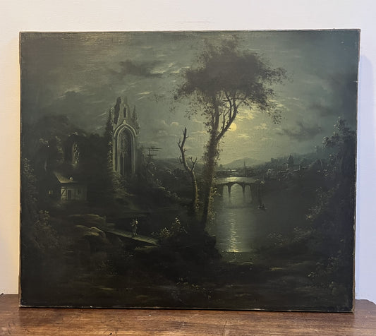 ATTRIBUITO A SEBASTIAN PETHER 1793-1844 OLIO SU TELA "SCENA DEL FIUME AL CHIARO DI LUNA"