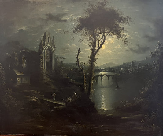 ATTRIBUITO A SEBASTIAN PETHER 1793-1844 OLIO SU TELA "SCENA DEL FIUME AL CHIARO DI LUNA"