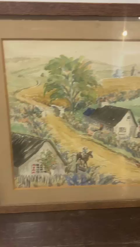 Pair Of Naive 1950’s Watercolours of a Country Village Scene