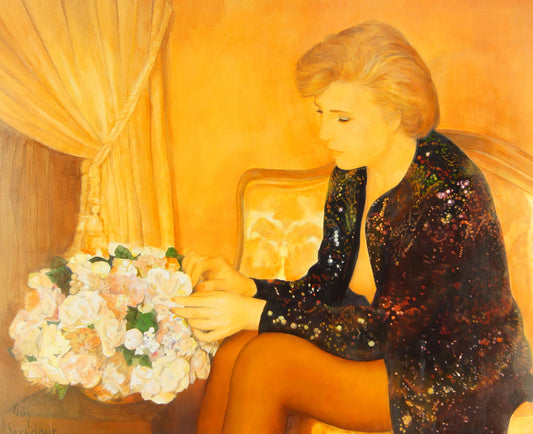 GUY SERADOUR 1922-2007 "LADY WITH FLOWERS" OIL ON CANVAS C1965