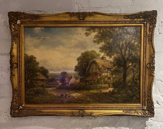 DANIEL SHERRIN 1868-1940 OLIO SU TELA PAESAGGIO CON COTTAGE DAL TETTO DI PAGLIA