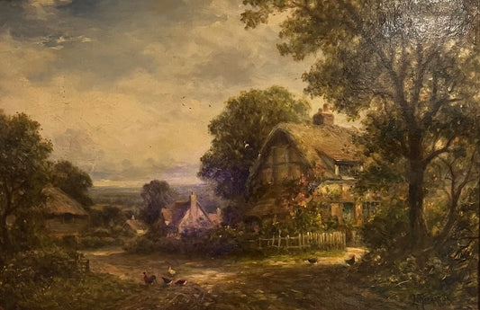 DANIEL SHERRIN 1868-1940 OLIO SU TELA PAESAGGIO CON COTTAGE DAL TETTO DI PAGLIA