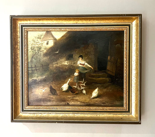 Madre e bambino con uccelli Olio su tavola di Carlo Mancini (1829-1910) italiano