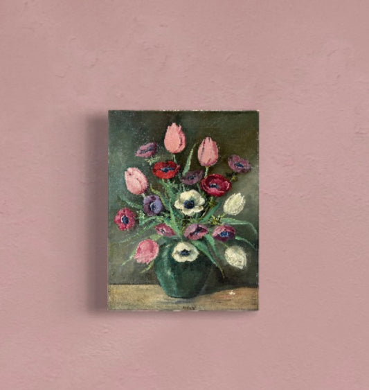 Sembra primavera! Olio floreale su tela degli anni '50