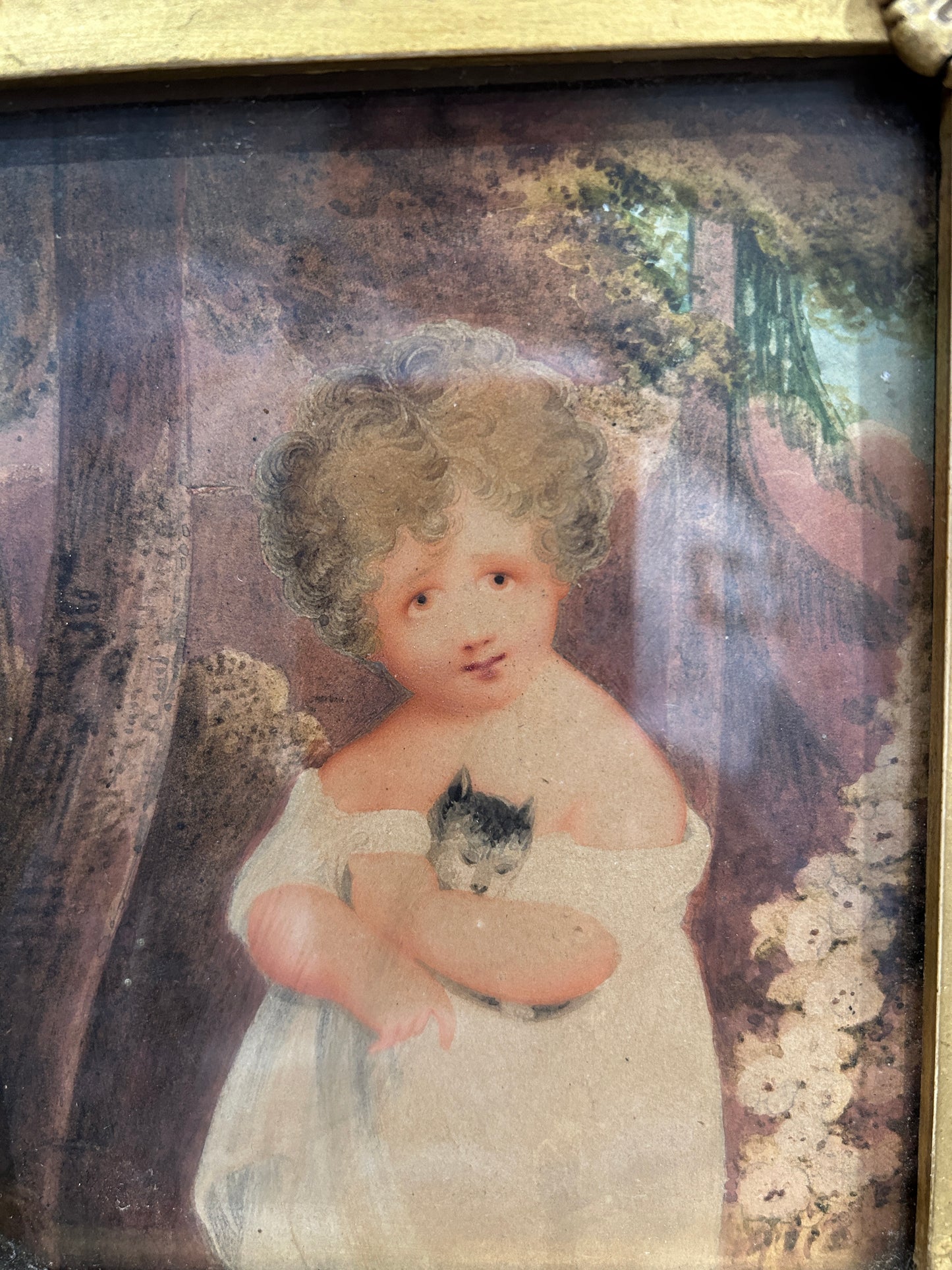 Neo Classical Watercolour of Child Holding Puppy C1820