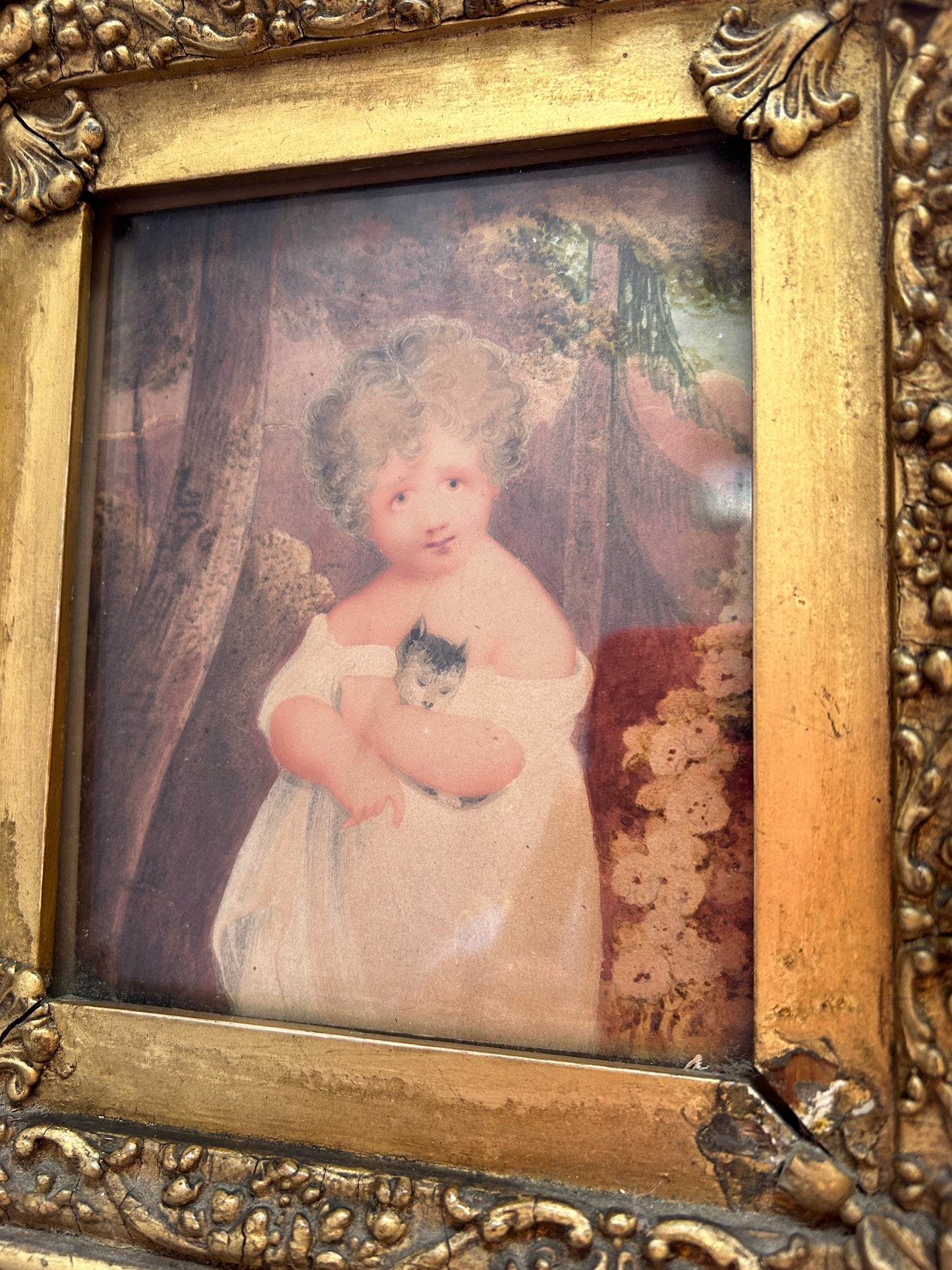 Neo Classical Watercolour of Child Holding Puppy C1820