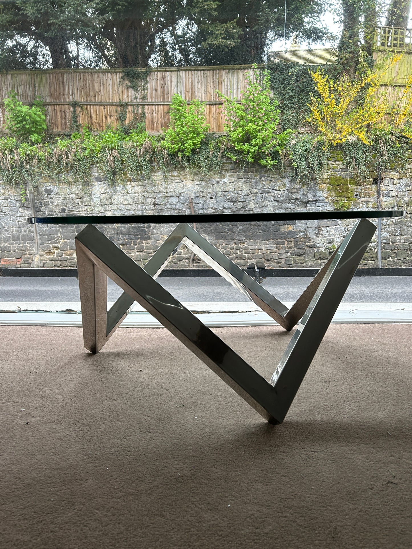 Andrew Martin Glass and Steel Zig Zag Glass Coffee Table