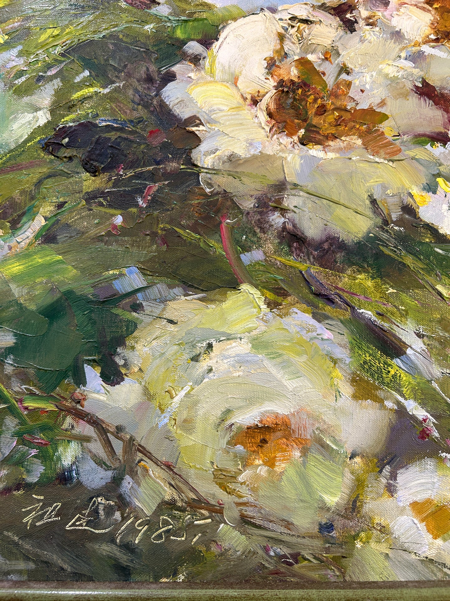 Abstract Chinese Water Lilies Oil on Canvas in an Oriental Frame