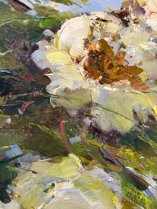 Abstract Chinese Water Lilies Oil on Canvas in an Oriental Frame