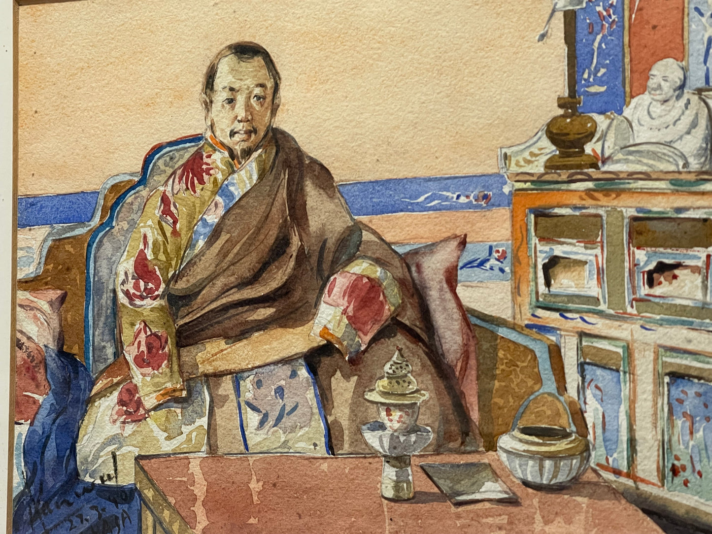 Kanwal Krishna 1910-1993 Acquerello originale Lhasa - Buddista