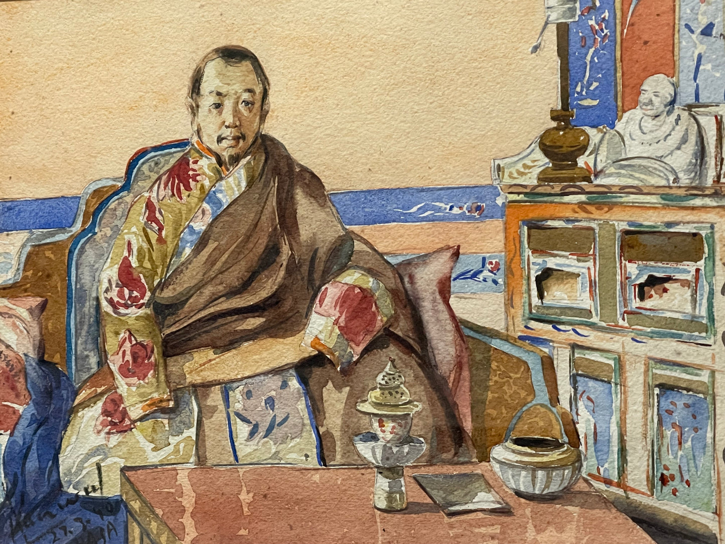 Kanwal Krishna 1910-1993 Acquerello originale Lhasa - Buddista