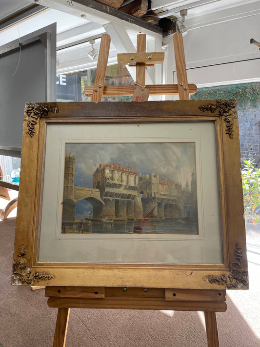 Old London Bridge Watercolour in Gilt and Gesso Frame