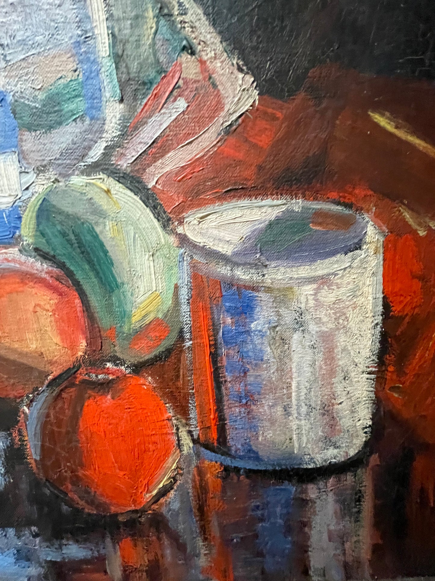 Brocca blu e bianca della Cornovaglia di natura morta di metà secolo