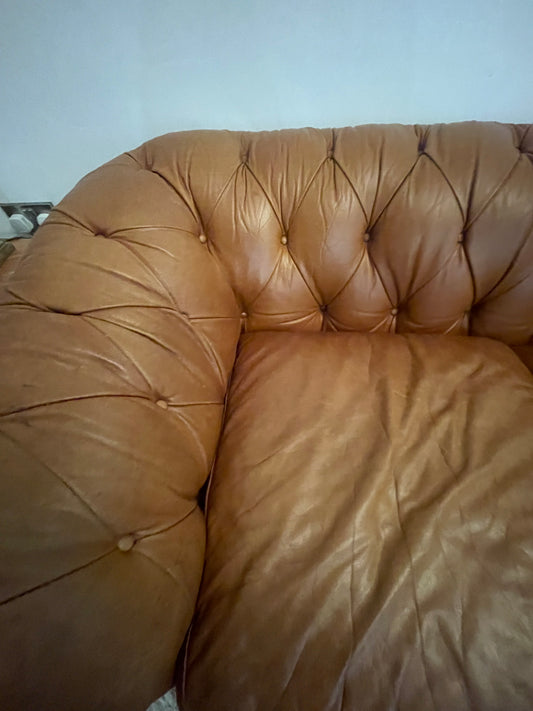 Vintage Button Back Rolled Arm Leather Chesterfield Sofa