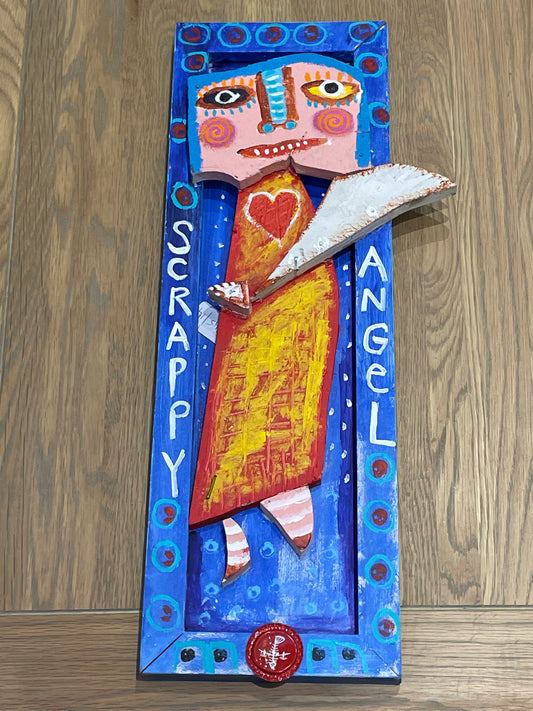 The Scrappy Angel With One Wing acrylic on board by Tracey Ann Finley