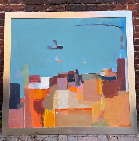 Mary Visser b. 1971 Large Scale Abstract Oil on Canvas Harbour Scene