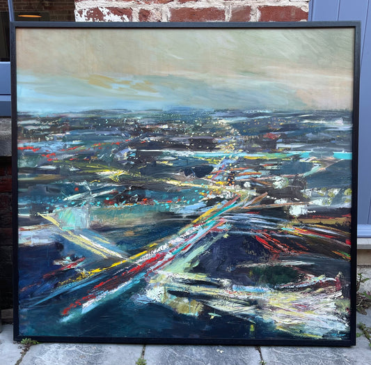 Mary Visser b.9171 Large Scale Abstract, Oil on Canvas, Industrial Scene