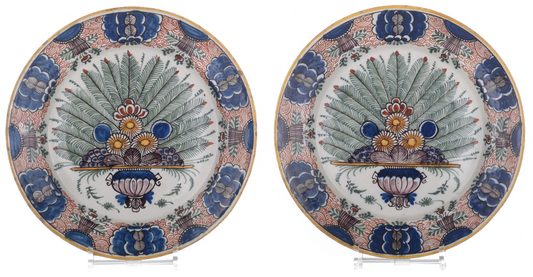 Pair of 18th century Dutch Delft peacock tail chargers