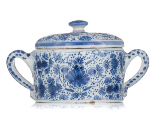 Original 18th century English Delftware two-handled posset pot