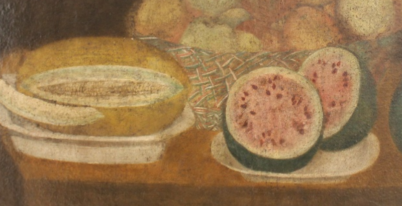 Superba arte popolare/primitiva americana del XIX secolo Natura morta di meloni e arance.