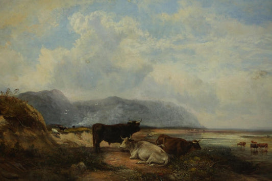 Olio vittoriano su tela Mucche al pascolo