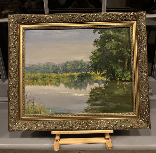 Mid Century Lakeside Oil on Board Landscape by Alison M Dickens