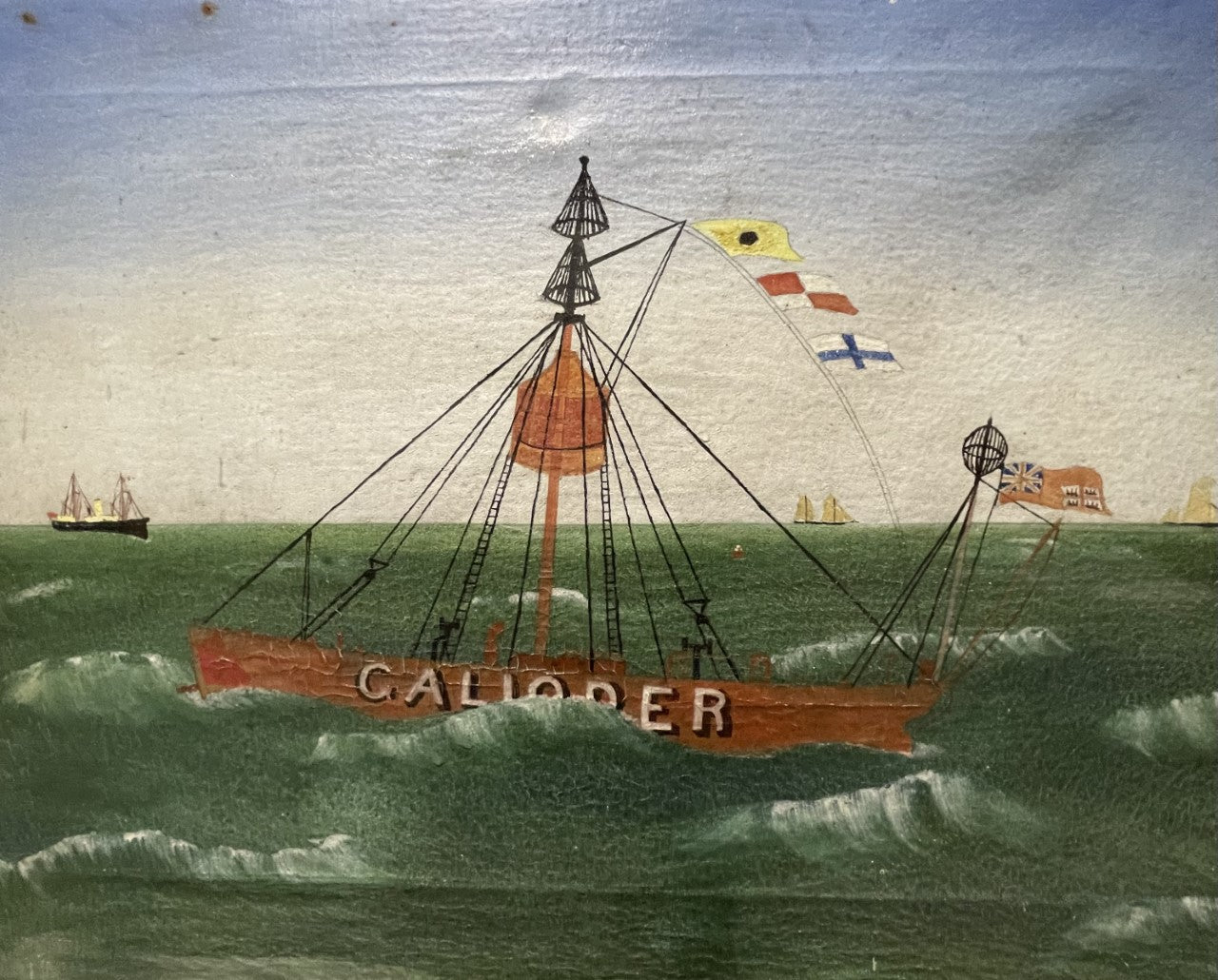 Early 20th century Primitive Oil on Canvas Seascape - Light Ship Galloper.