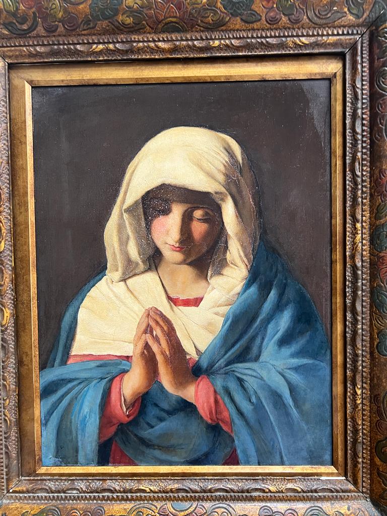 “La Vergine in Preghiera” XIX Secolo Olio su Tela in Cornice Intagliata d'epoca 