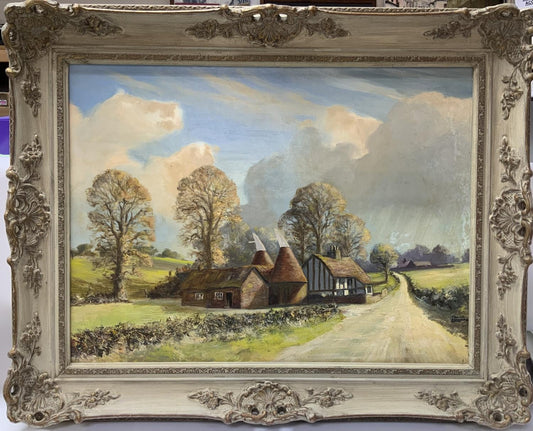 Olio su tela di Oast House della metà del secolo di Frank Edwards