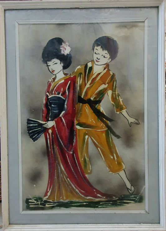 Olio su tela degli anni '50 di una coppia giapponese