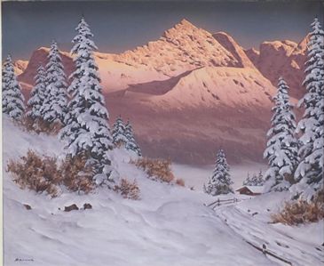HANS SMATLAK BARMA 1903 - 1978 OIL ON CANVAS - ALPINE MOUNTAIN SCENE C1950S