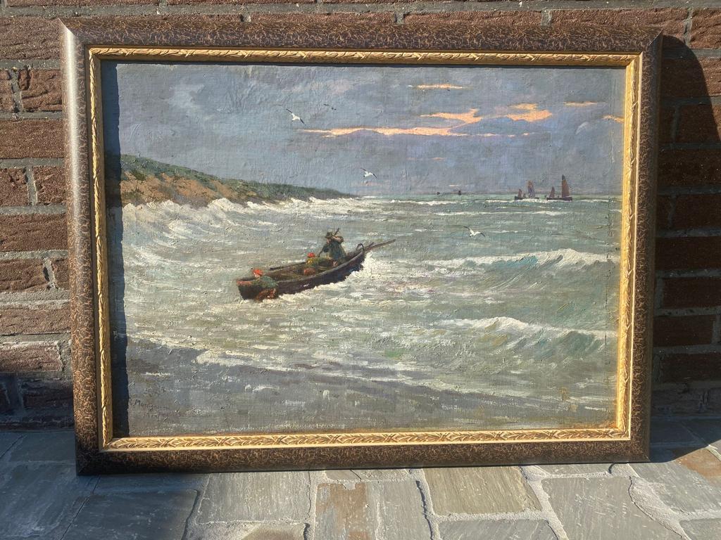 Robert Montgomery (1839-1893) Belgian School Oil - Fishermen Heading Out To Sea