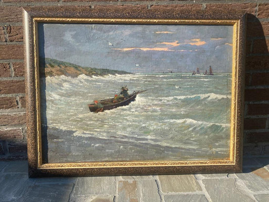 Robert Montgomery (1839-1893) Olio della scuola belga - Pescatori diretti in mare