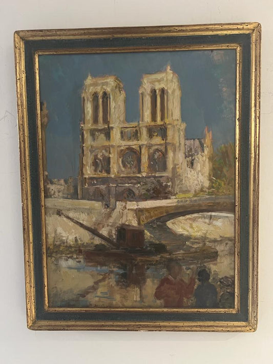 C1940S Olio su tela "Notre Dam" Impressionista