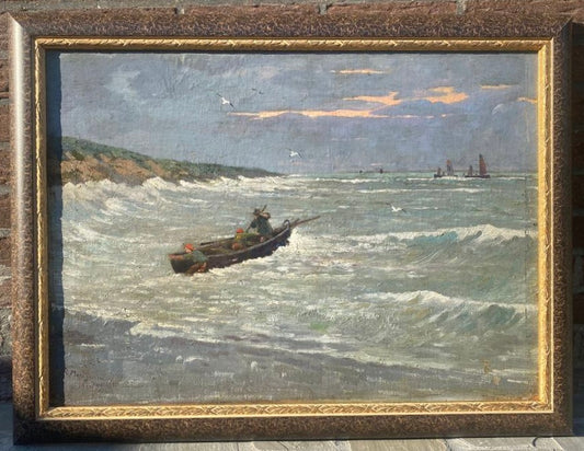 Robert Montgomery (1839-1893) Olio della scuola belga - Pescatori diretti in mare