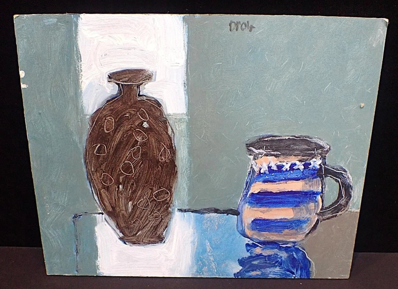 DAVID PEARCE CORNISH (PADSTOW) ARTIST NAIVE ART OIL PAINTING VASE AND JUG 2004