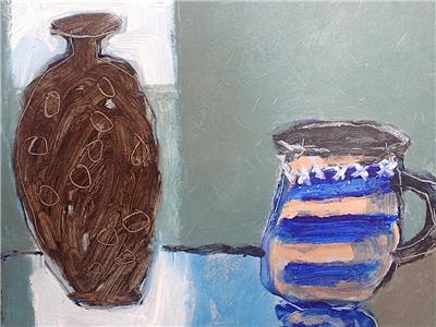 DAVID PEARCE CORNISH (PADSTOW) ARTIST NAIVE ART OIL PAINTING VASE AND JUG 2004