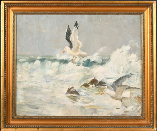 CHARLE W SIMPSON 1885 - 1971 OIL ON CANVAS "GULLS AND SURF"