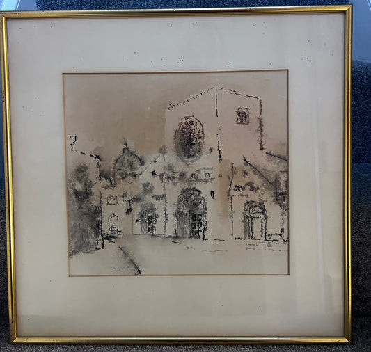 Mid- Century Puglian Town Pen and Ink Wash by Kristof Borowski b.1932