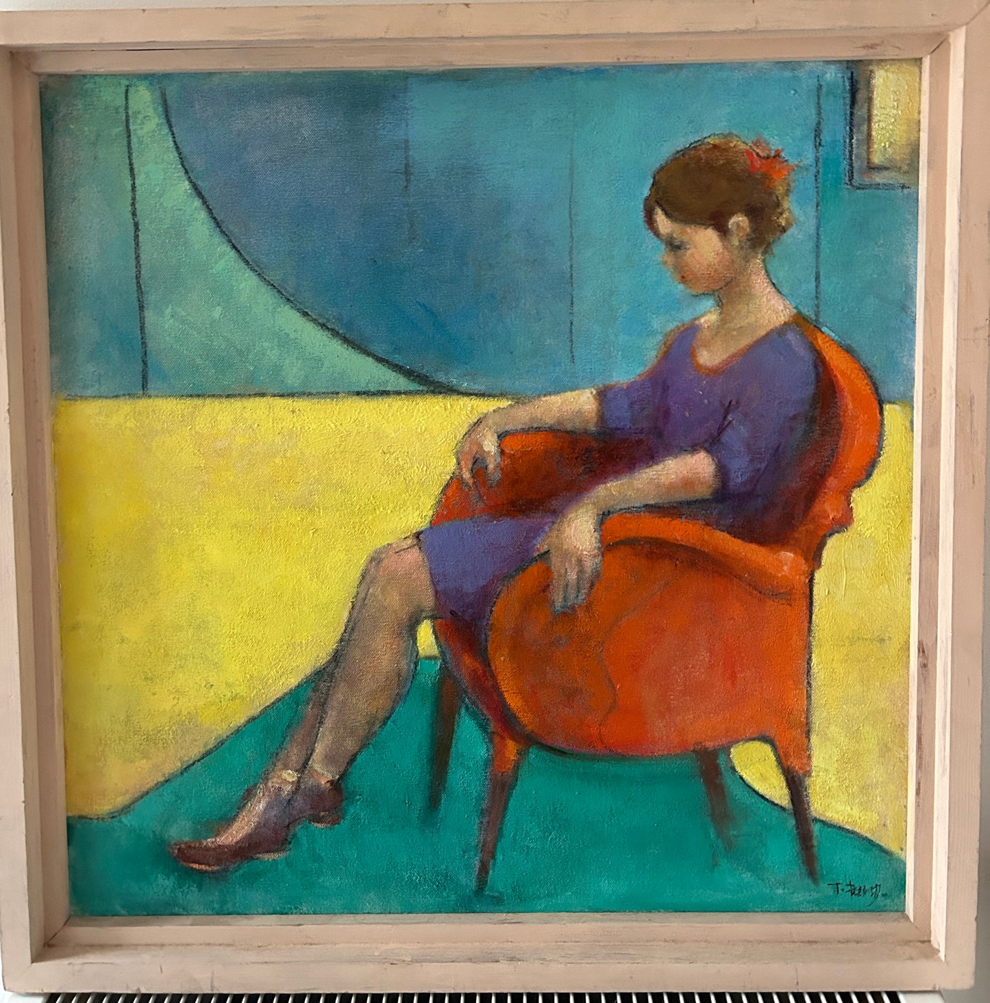 "Girl on Orange Chair" Mid Century  Oil on Canvas