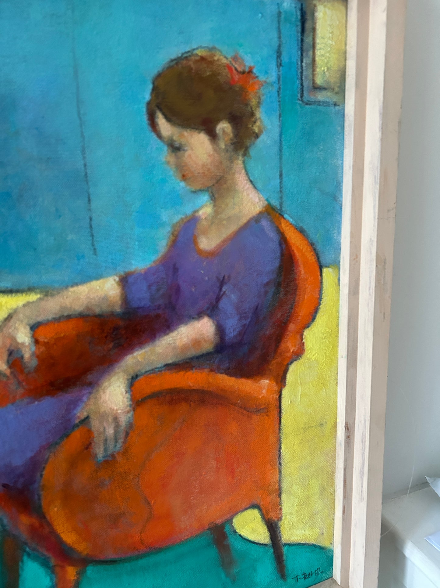 "Girl on Orange Chair" Mid Century  Oil on Canvas