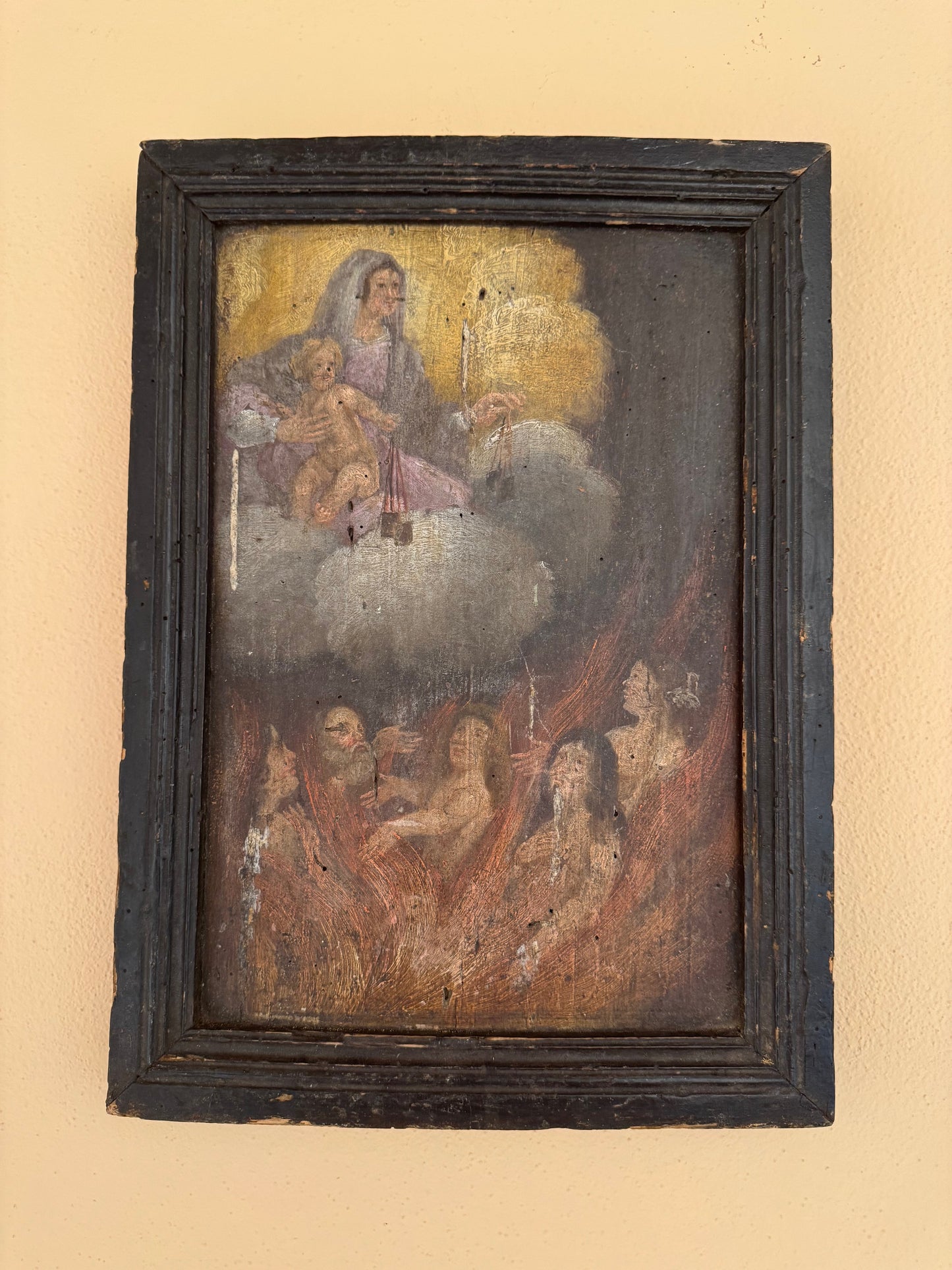 16th Century Italian Oil on Panel Religious Scene in 17th Century Frame