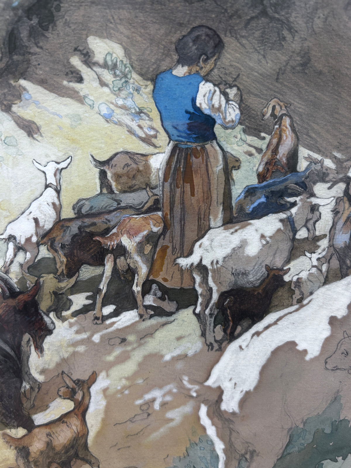 Watercolour by Edwin Noble 1876-1961 Shepherdess with Goats Signed