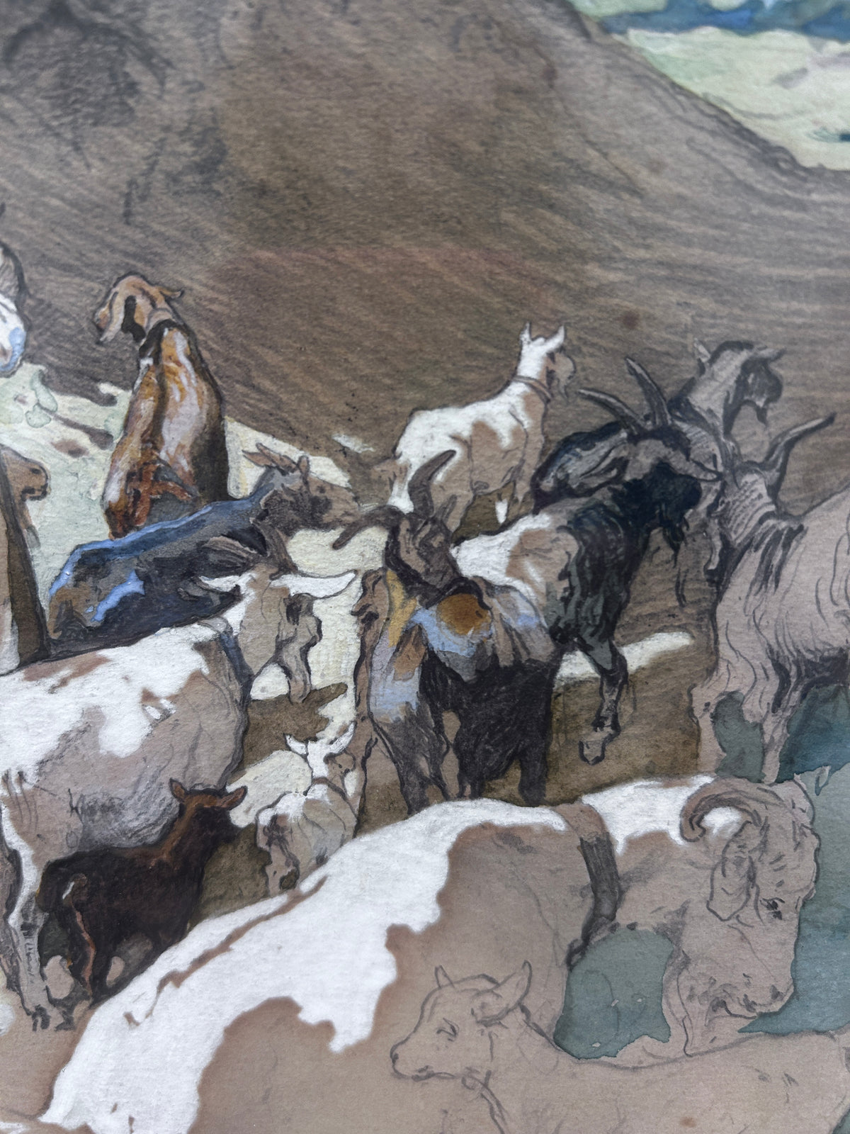 Watercolour by Edwin Noble 1876-1961 Shepherdess with Goats Signed