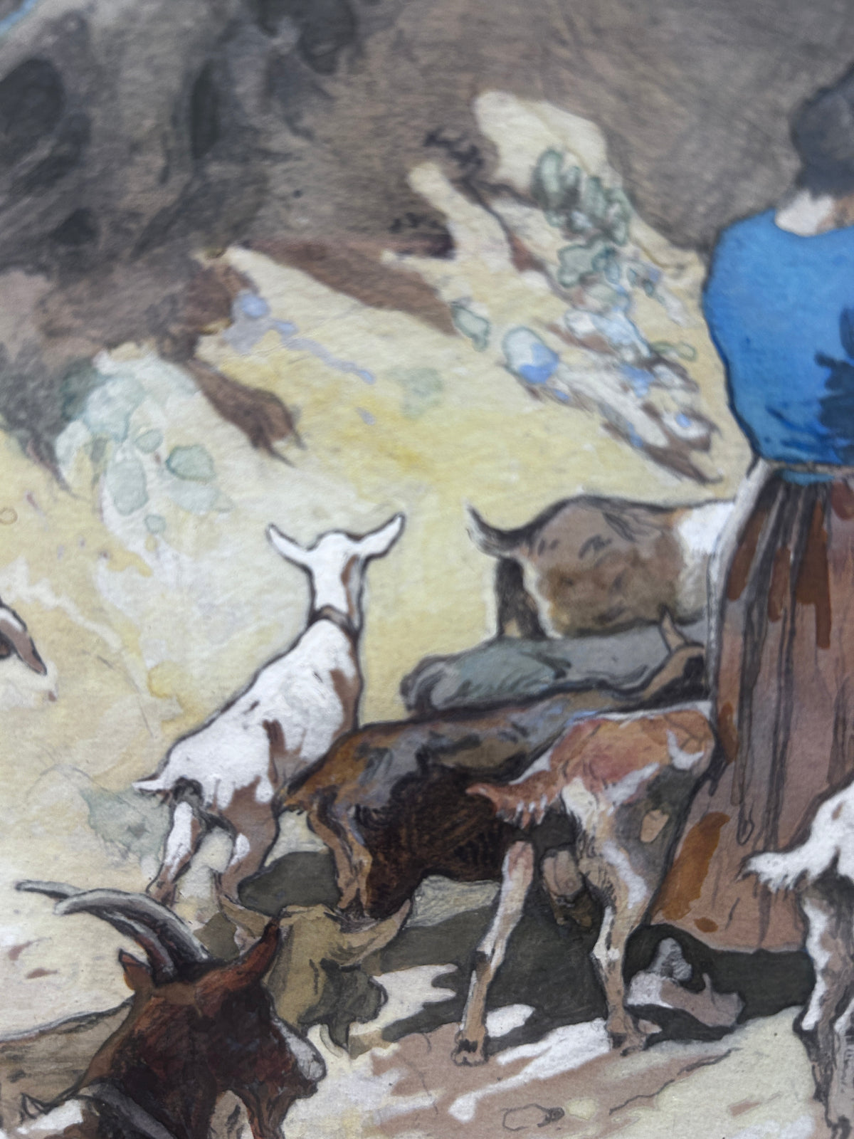 Watercolour by Edwin Noble 1876-1961 Shepherdess with Goats Signed