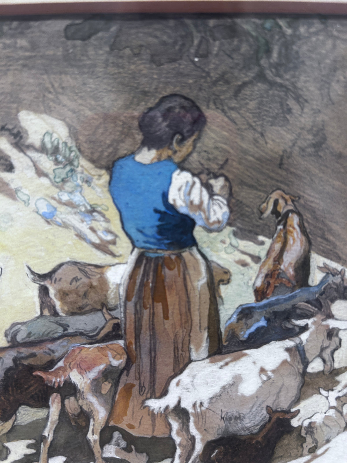 Watercolour by Edwin Noble 1876-1961 Shepherdess with Goats Signed